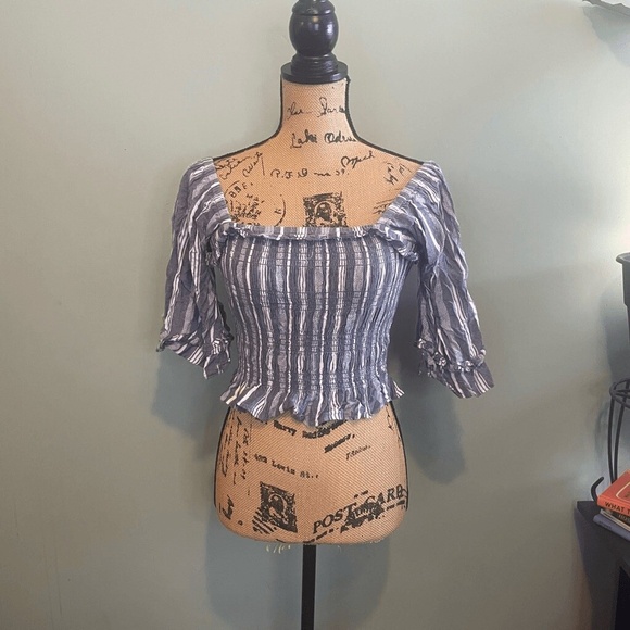 Angie Womens Striped Rayon‎ Cropped Off Shoulder Blouse Gray BlueSize Large - Picture 1 of 6